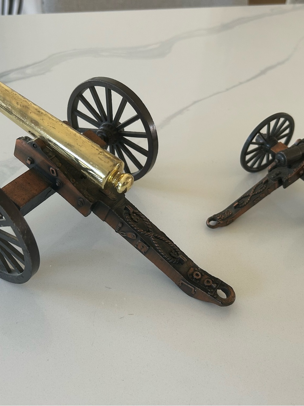 2 Vintage -Miniature Brass Cast Iron Cannon Military Replica Civil War Deco